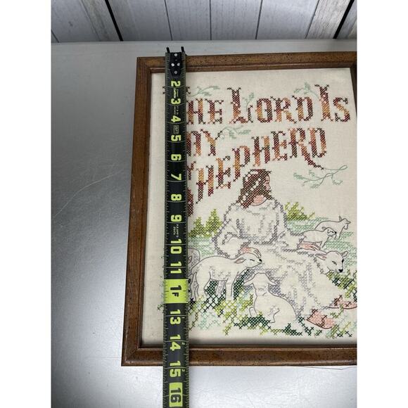 Vintage The Lord is My Shepherd Cross Stitch Wall Art Wood Frame - Picture 3 of 4